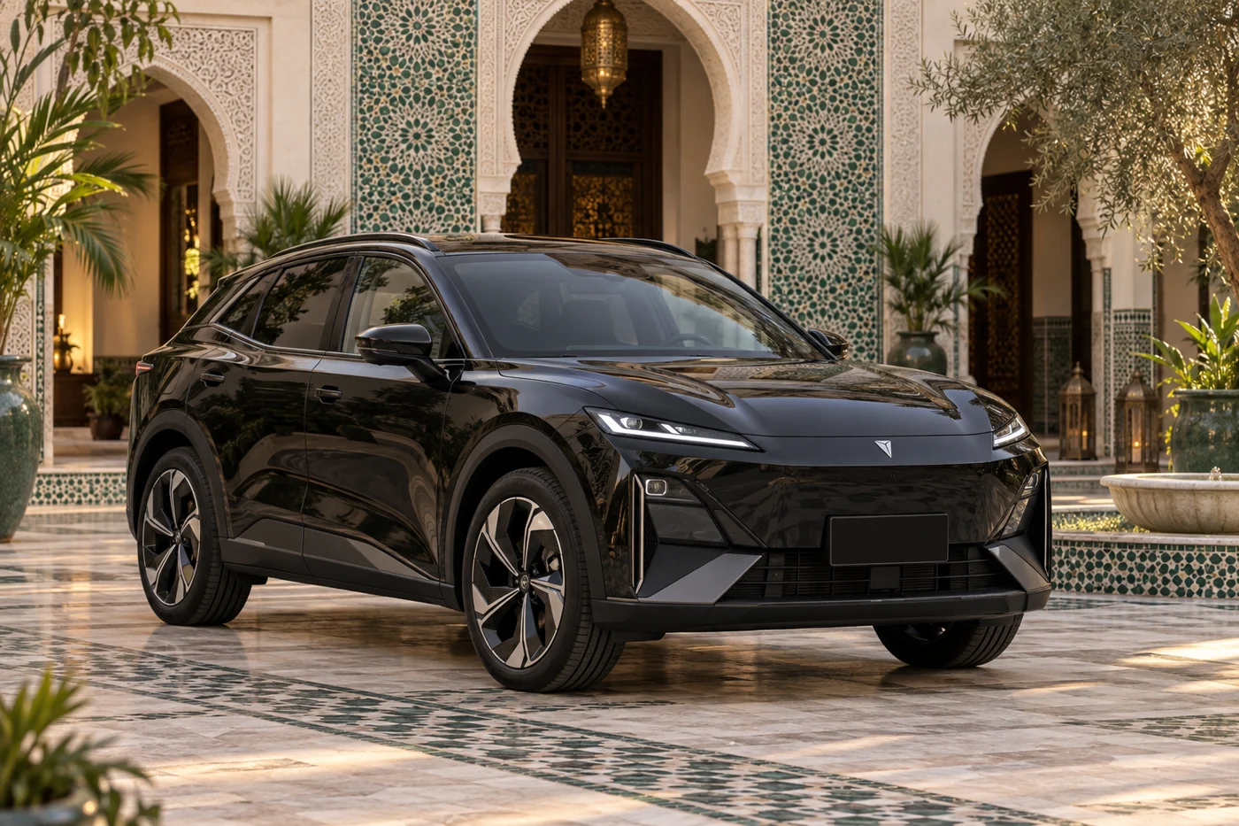 Illustrative black Deepal S07 in a Moroccan riad courtyard