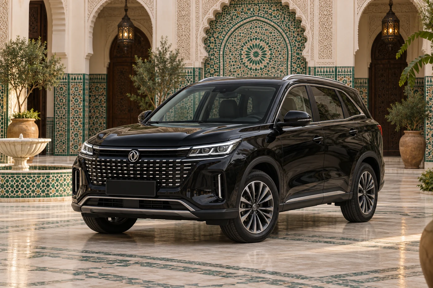 Illustrative black DFSK E5 in a Moroccan riad courtyard