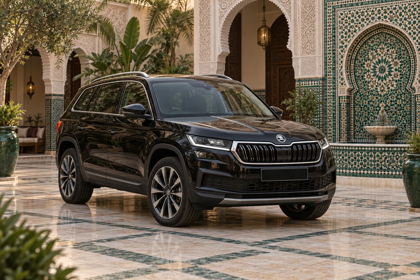 Illustrative black Škoda Kodiaq in a Moroccan riad courtyard