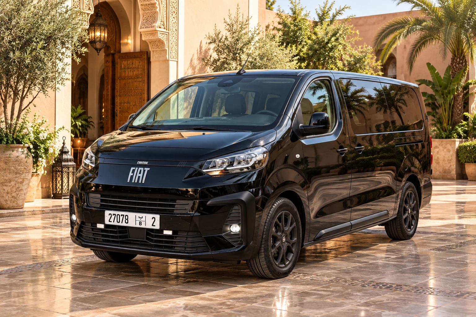 Illustrative black Fiat Scudo in a Moroccan riad courtyard