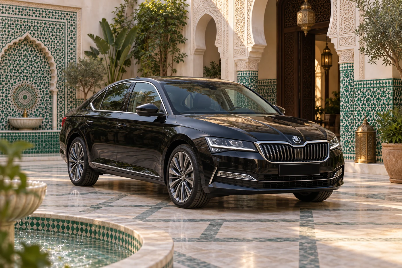 Illustrative black Škoda Superb in a Moroccan riad courtyard