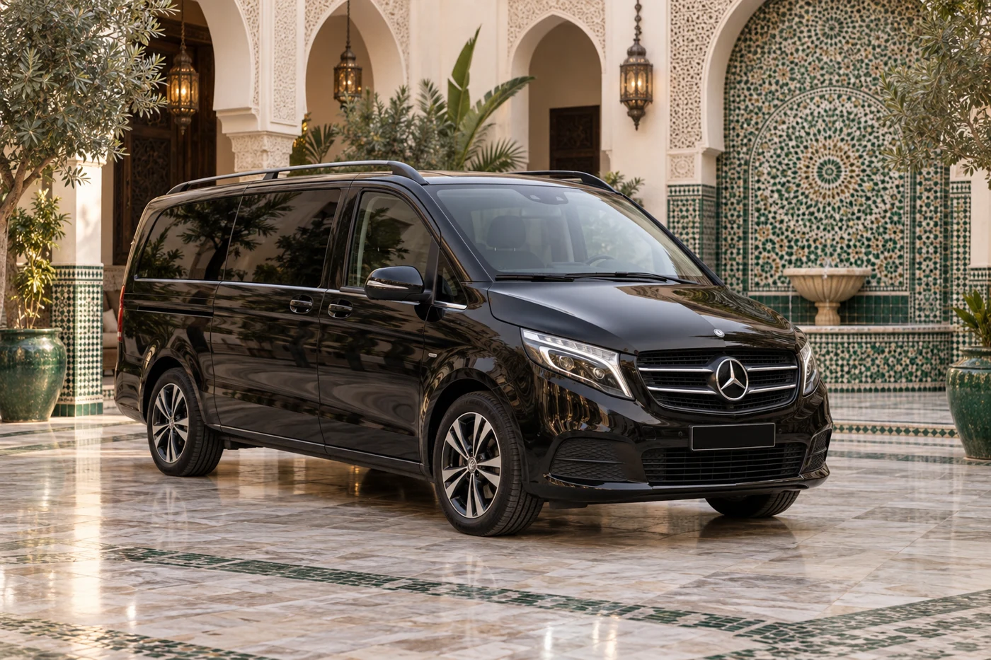 Illustrative black Mercedes-Benz Vito in a Moroccan riad courtyard